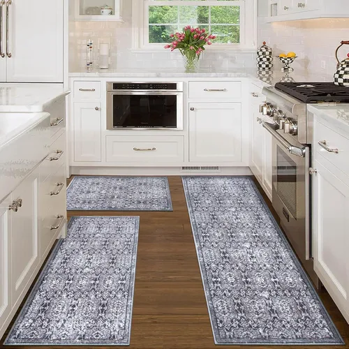 Vista 2 de Kitchen Rugs Sets of 3 Kitchen Mats for Floor 3 Piece Set Washable Non Slip Black Kitchen Runner Carpets for Laundry Room Hallway Sink