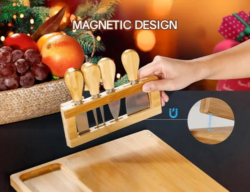 Vista 6 de Easoger Juego de tabla de queso y cuchillos, tablas de charcutería extra grandes con soporte magnético para cuchillos, plato de queso regalo