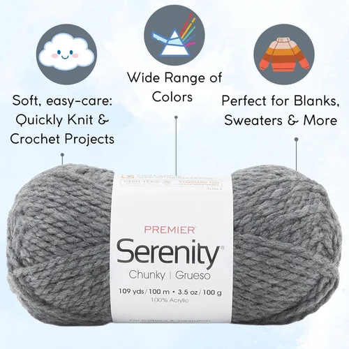 Vista 2 de Premier Yarns Serenity Chunky Solid Smoke 700-41 (3 madejas, el mismo lote de tinte) - Hilo acrílico grueso y voluminoso #5 para ganchillo y tejer