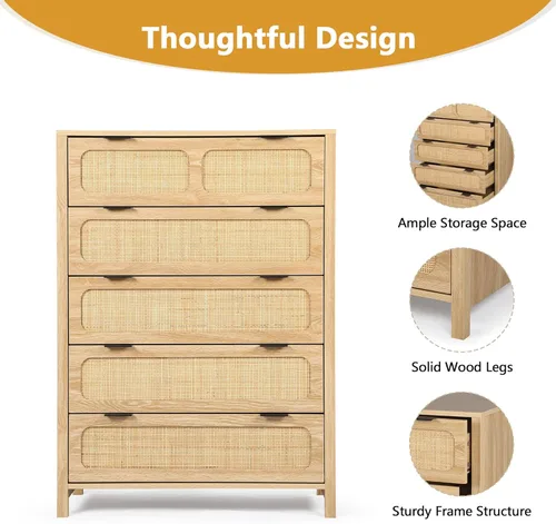 Vista 12 de LEVNARY Cómoda de 5 cajones, cómoda alta de ratán, cómoda de 5 cajones para dormitorio, armario de madera con asas de metal para sala de estar, Negro