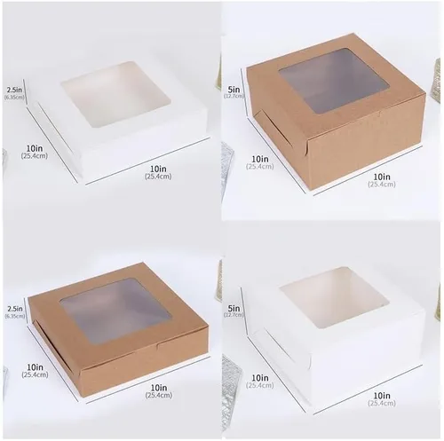 Vista 3 de Bolsas de regalo, 10 cajas de embalaje de papel kraft para tartas con película de PET, ventana de mulching de postre, pizza, pan, caja cuadrada