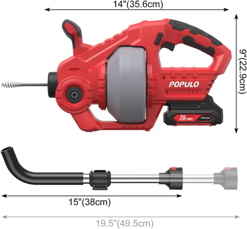 Vista 8 de POPULO - Sonda eléctrica para drenaje sin cable de 20V, 7.6m, cable reemplazable con batería de 2.0Ah, tubo de extensión y cargador, herramienta