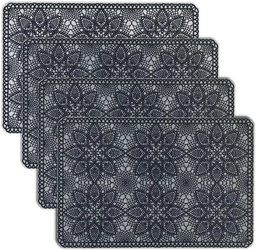 Vista 5 de Juego de 4 manteles individuales rígidos de vinilo de encaje sólido (azul turquesa)