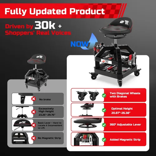 Vista 2 de Rolling Shop Taburete para garaje con ruedas, DO02 - Asiento giratorio de 360° de altura ajustable con almacenamiento de bandeja de herramientas