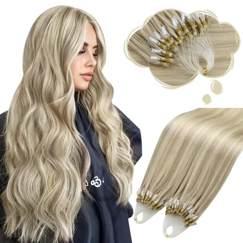 Vista 22 de Moresoo Micro Link - Extensiones de cabello humano de color rubio oscuro y rubio ceniza, extensiones de cabello humano real para boda, 2.01 oz