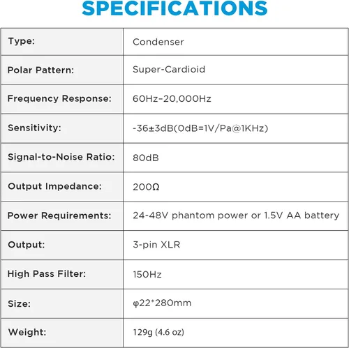 Vista 6 de BOYA Micrófono XLR, Micrófono Shotgun BY-BM6060 con Montura de Choque y Cubierta Antiviento para Cámara DSLR, Micrófonos Condensadores Profesionales