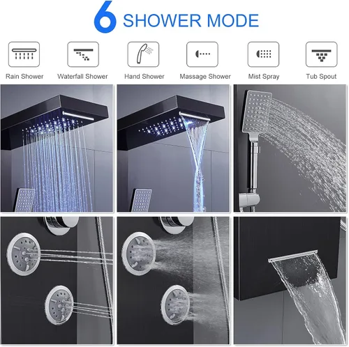 Vista 3 de MENATT Sistema de torre de paneles de ducha LED, sistema de panel de ducha de baño de acero inoxidable SUS304 con 4 chorros de cuerpo, lluvia, Negro