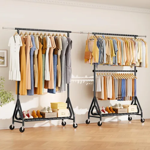 Vista 8 de Perchero de ropa con doble varilla, resistente para colgar ropa con carga de 560 libras, percheros de metal con ruedas, estantes para colgar ropa