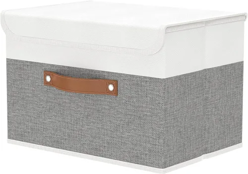 Vista 14 de OUTBROS Cajas de almacenamiento, contenedores de almacenamiento plegables con tapas, cestas de almacenamiento de tela de algodón y lino con asa