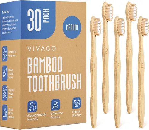 Vista 8 de VIVAGO Cepillos de dientes de bambú con cerdas medianas, 10 unidades, sin BPA, cepillos de dientes de cerdas medianas para adultos, ecológicos