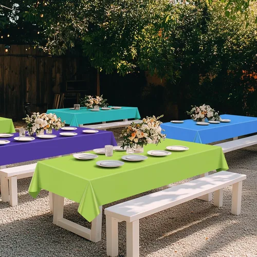 Vista 4 de Mantel rectangular de la serie azul y verde, 4 piezas, 54 x 72 pulgadas, color sólido, impermeable y a prueba de derrames, mantel de plástico