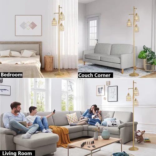 Vista 7 de 9MMML Lámpara de pie dorada regulable, lámpara de pie alta industrial dorada para sala de estar, dormitorio, oficina, pantalla de 3 jaulas