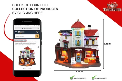 Vista 7 de Top Treasures Aldea Navideña del Mercado del Granjero - Edificios Coleccionables Iluminados con Música de Pueblo Nevado - Adición Perfecta para tus