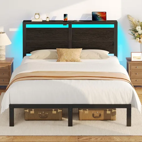 Vista 19 de Rolanstar Base de cama tamaño individual con estación de carga, base de cama individual LED con cabecera de almacenamiento tapizada, cama de Negro