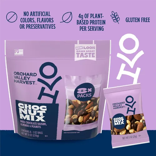 Vista 5 de Orchard Valley Harvest - Mezcla de nueces con chocolate, multipack, 1 oz (paquete de 8), pasas cubiertas de chocolate negro, almendras y cacahuetes