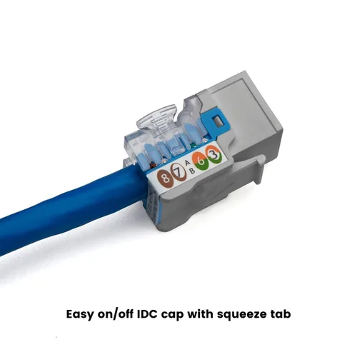 Vista 119 de TRUE CABLE Conector Keystone Cat5e, sin blindaje (UTP), perforado de 90 grados, PoE++ (4PPoE) 100W, certificación UL, verificado ETL, certificado