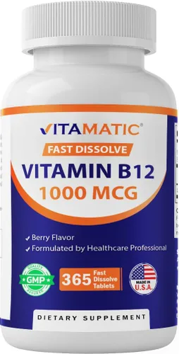 Vitamatic Vitamina B12 1000 mcg de disolución rápida - 365 tabletas - Sabor natural de bayas - Apoya el metabolismo energético y la salud del