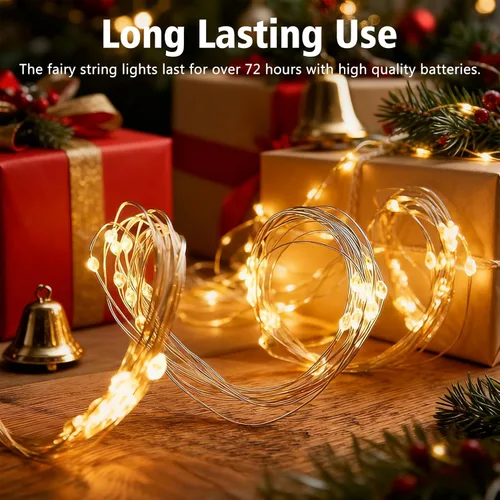 Vista 4 de Paquete de 2 luces de hadas que funcionan con pilas, 200 luces LED de 66 pies de alambre plateado parpadeantes, 8 modos de temporizador automático