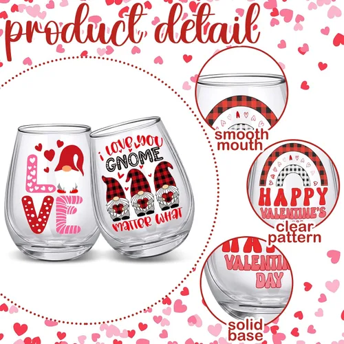 Vista 5 de Nitial 8 vasos de vino sin tallo de San Valentín de 12 onzas, vasos de chupito de amor con corazón, vasos románticos rojos y rosados, regalo