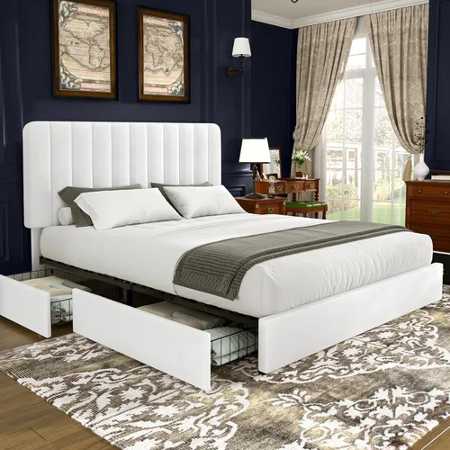 Vista 15 de VECELO - Base de cama tapizada de tamaño Queen con cabecera y 4 cajones, cama de plataforma de almacenamiento de terciopelo, soporte de listones