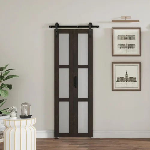 Puerta de granero plegable de 24 x 84 pulgadas, juego de 3 piezas de vidrio esmerilado Lite con kit de accesorios deslizantes, una pista para 2