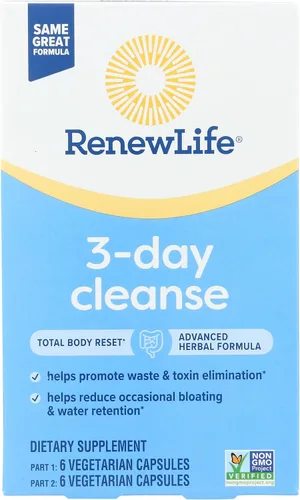 Renew Life 3-Day Cleanse Total Body Reset Cápsulas de limpieza de desintoxicación de 2 partes, bienestar digestivo y regularidad, mezcla de hierbas