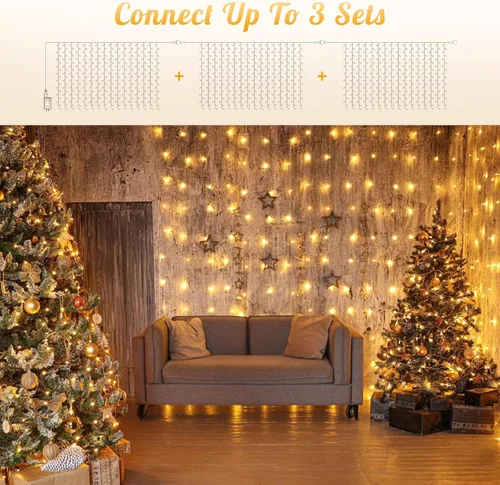 Vista 3 de HEYFUNi luces de cortina LED 304 para exterior, 3 m*3 m de luces colgantes con enchufe y 8 modos, luces de hadas para cortina conectables