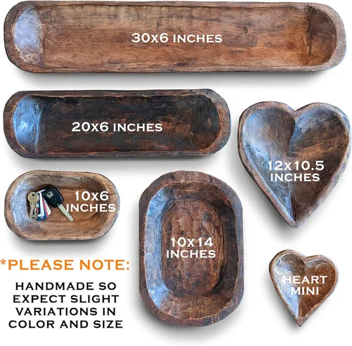 Vista 5 de MAINEVENT Cuenco decorativo de madera para masa de aproximadamente 30 pulgadas, cuenco largo de madera rústica tallada a mano, cuenco grande