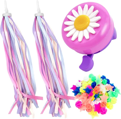 Bike Wheel Spokes Beads + Kid Bike Bell + Kids Bike Streamers, Spoke Plastic Clip Round Decor Beads, Flower Bicycle Bell, Colorful Bike Handlebar