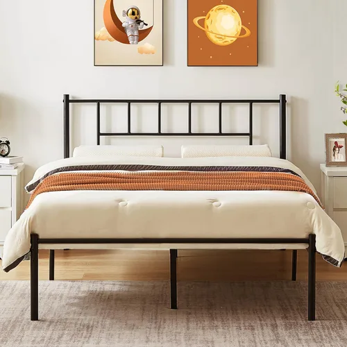 Vista 18 de VECELO Marco de cama de plataforma de metal doble con cabecero, soporte de listones de acero resistente, almacenamiento debajo de la cama,