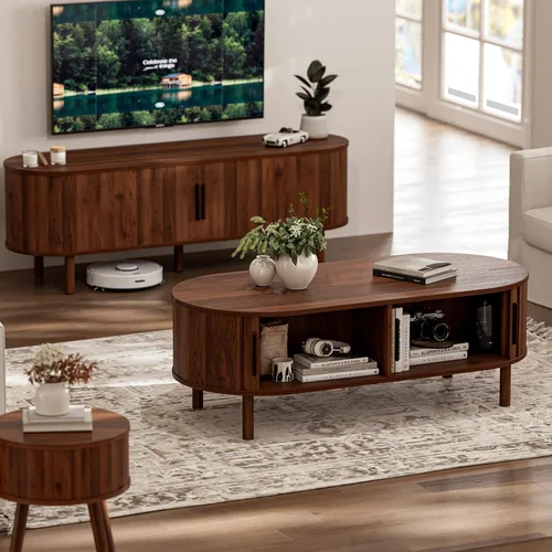 Vista 6 de ZttRiee Mesa de Centro para Sala de Estar, Mesa de Centro Ovalada Moderna con Gabinetes y Puertas Corredizas, Espacio Pequeño del Hogar, Mesa