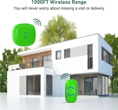 Vista 4 de SECRUI Timbres inalámbricos para el hogar, aulas, apartamentos, negocios, etc. Fácil de usar, volumen ajustable, 58 tonos, LED colorido, Verde