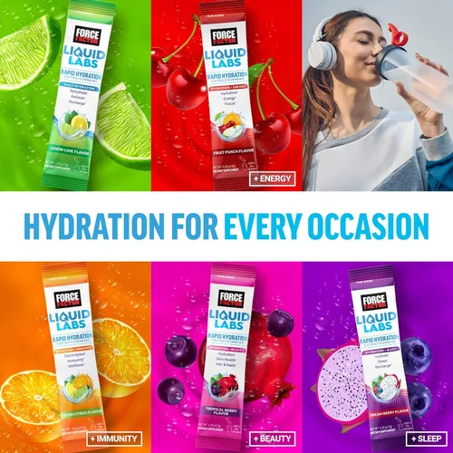 Vista 9 de Paquetes de polvo de electrolitos Force Factor Liquid Labs —Limón y lima— sobres de hidratación para hacer agua con electrolitos con 5 electrolitos