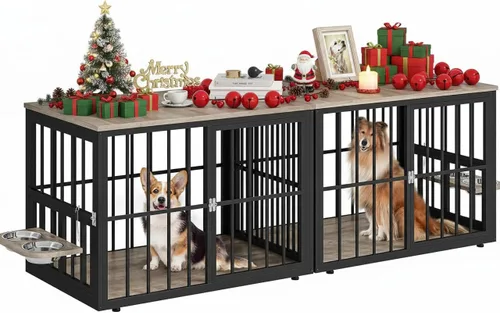 Vista 9 de Mueble de jaula para perros grandes de 88.6 pulgadas, perrera de madera con cuencos y 3 puertas, mueble de jaula doble soporte para TV para perros