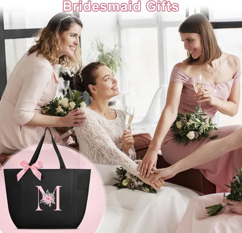 Vista 6 de Vavabox A-Z - Bolsa de mano impermeable con monograma con inicial, regalos de dama de honor para mujer, color negro y rosa