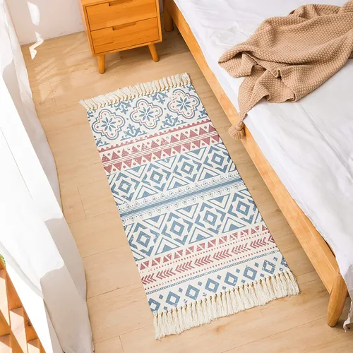 Winwinplus Alfombra de algodón tejida a mano retro bohemia con borlas, alfombra geométrica para el suelo, sala de estar, dormitorio, decoración del