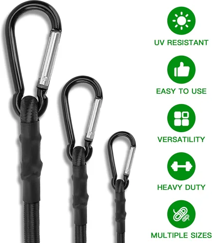 Vista 6 de RIO Direct Cuerdas elásticas con ganchos de mosquetón de 12 pulgadas, cuerdas elásticas negras resistentes para exteriores, correas elásticas