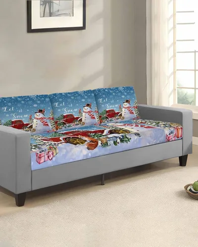 Vista 2 de Blue Snowman Christmas Couch Cushion Covers, Stretch Sofa Cover with Elastic Bottom, Xmas Tree Truck Winter Snowflake Sofa Slipcovers Protector
