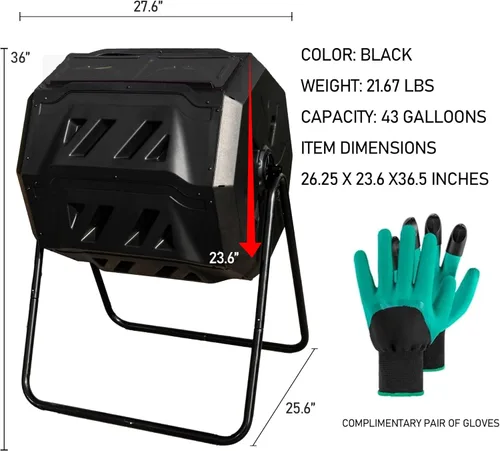 Vista 6 de Hourleey Contenedor de Compostaje Giratorio para Exteriores, Contenedor de Compostaje Giratorio de Doble Cámara de 43 Galones con Puertas