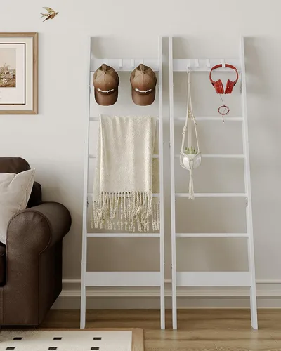 Vista 72 de Escalera para manta para sala de estar, estante decorativo para edredón con 4 ganchos extraíbles, 5 niveles de soporte de escalera de granja Blanco