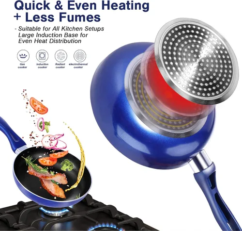 Vista 7 de Masthome Soporte ajustable para sartenes con 7 divisores y juego de utensilios de cocina de aluminio de 8 y 10 pulgadas con mango de agarre suave.