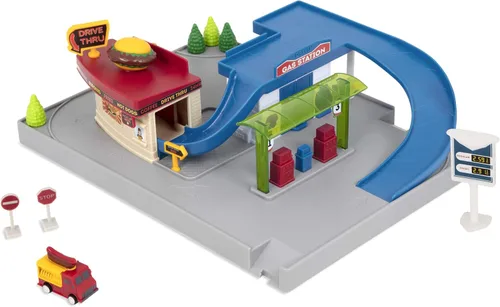 Vista 11 de Driven by Battat – Set de pista de carreras de 80 piezas y taller de autos con mini autos – Juego de juguete plegable con elevador, señales