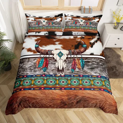 Vista 34 de Erosebridal Funda de edredón de piel de vaca marrón con estampado de vaca de las tierras altas, juego de ropa de cama occidental exótico azteca