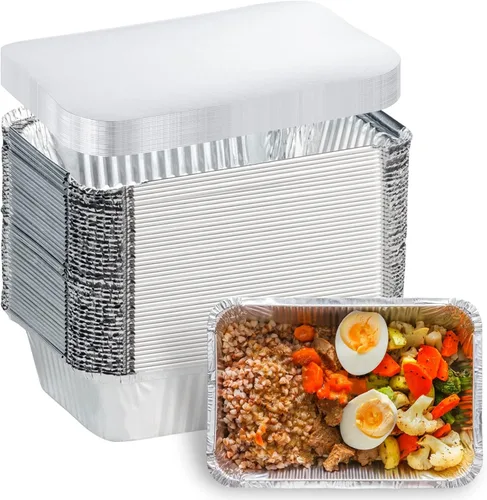 Vista 8 de Sartenes de aluminio con tapas (paquete de 50 unidades, 8.5 x 6 pulgadas), recipientes de alimentos de aluminio de 2.25 libras con tapas, 50