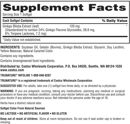 Vista 3 de Suplemento vitamínico Ginkgo Biloba, 120 mg extracto de hierbas estandarizado, 340 cápsulas blandas