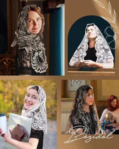 Vista 7 de Bozidol Cubierta triangular para la cabeza de la iglesia, velo de iglesia vintage bordado con cáliz cruzado para mujer