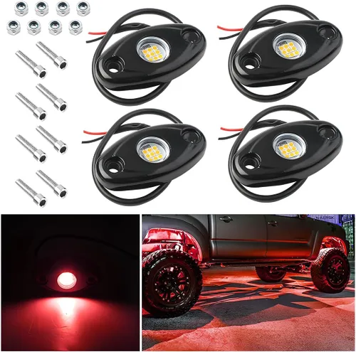 Vista 8 de Luces de Roca para Camiones, 4 Módulos de Luces LED de Roca, Kits de Luces de Neón de Roca Impermeables IP67 para Camioneta ATV Todoterreno SUV