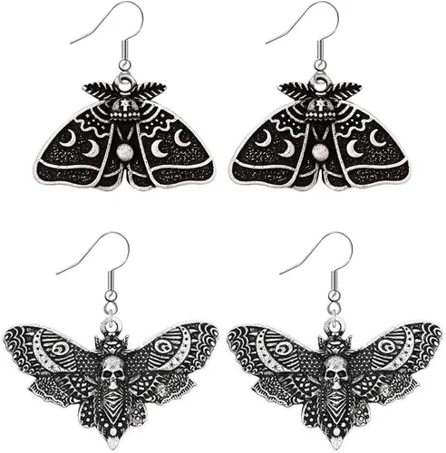 Weenkeey 2 pares de aretes colgantes de mariposa gótica, aretes de luna luna, luna creciente, estrella, aretes de gota de calavera punk para mujeres
