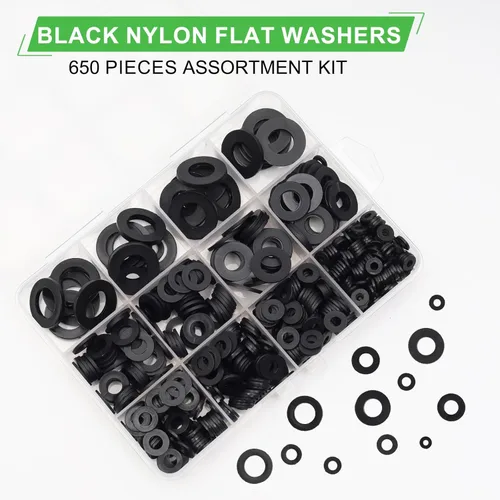 Vista 4 de 650 Piezas de Arandelas Planas de Nailon para Tornillos y Pernos, Kit Surtido de Arandelas de Plástico Negro de 7 Tamaños (M3-M12), Juego Surtido
