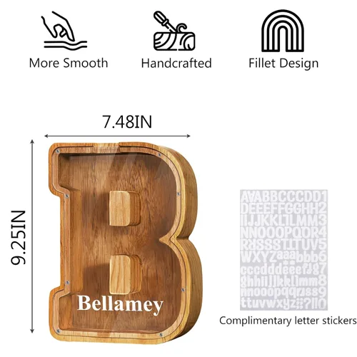 Vista 5 de Alcancía de madera grande personalizada con letras – Alcancía de letras para niños y niñas, regalo de cumpleaños (A)